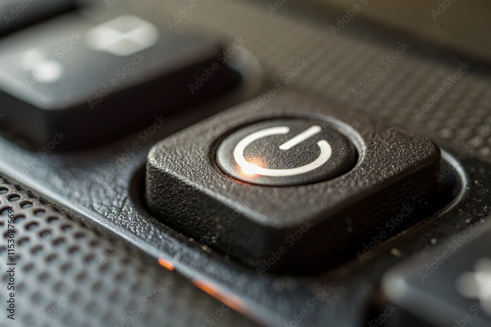 Tilt-Shift Macro: Power Button Activation, Device Startup, Technology Close-Up Tilt-Shift Macro: Power Button Activation, Device Startup, Technology Close-Up