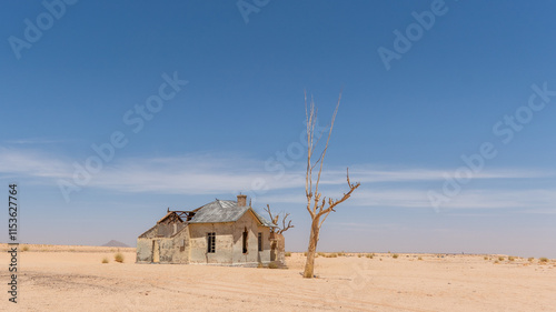 An abandoned home stands crumbling, swallowed by desert sands.