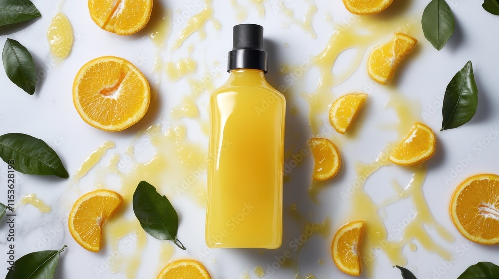 Fresh Orange Juice with Slices on Bright Background Fresh Orange Juice with Slices on Bright Background
