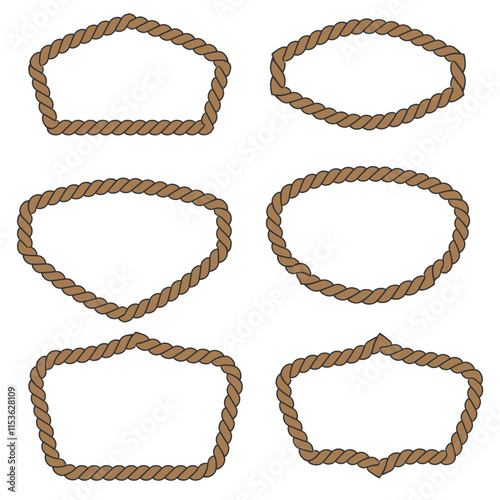 Set of different shape rope frame brush, border graphic, ornament, loop, strong, round, curve, textile, ornate vector