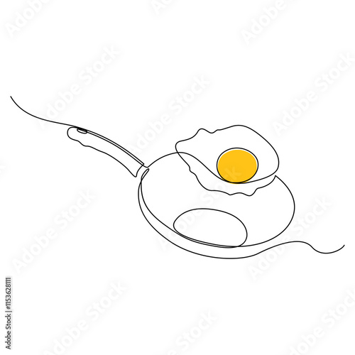 Continuous line drawing of fried egg on a pan. Vector illustration, Frying pan with scrambled egg in continuous one line art style. Simple vector illustration