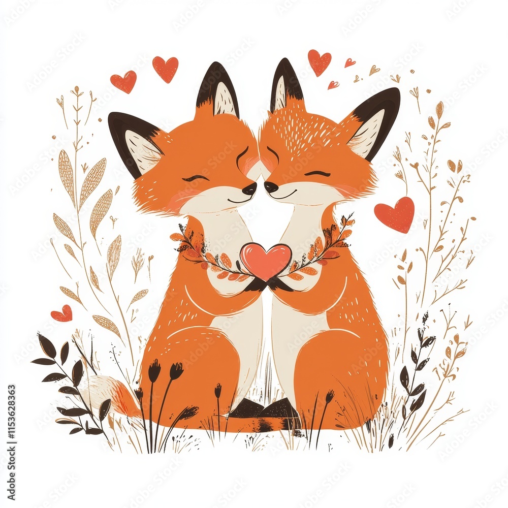 Naklejka premium Cute Animated Foxes Embracing with Heart in Floral Design