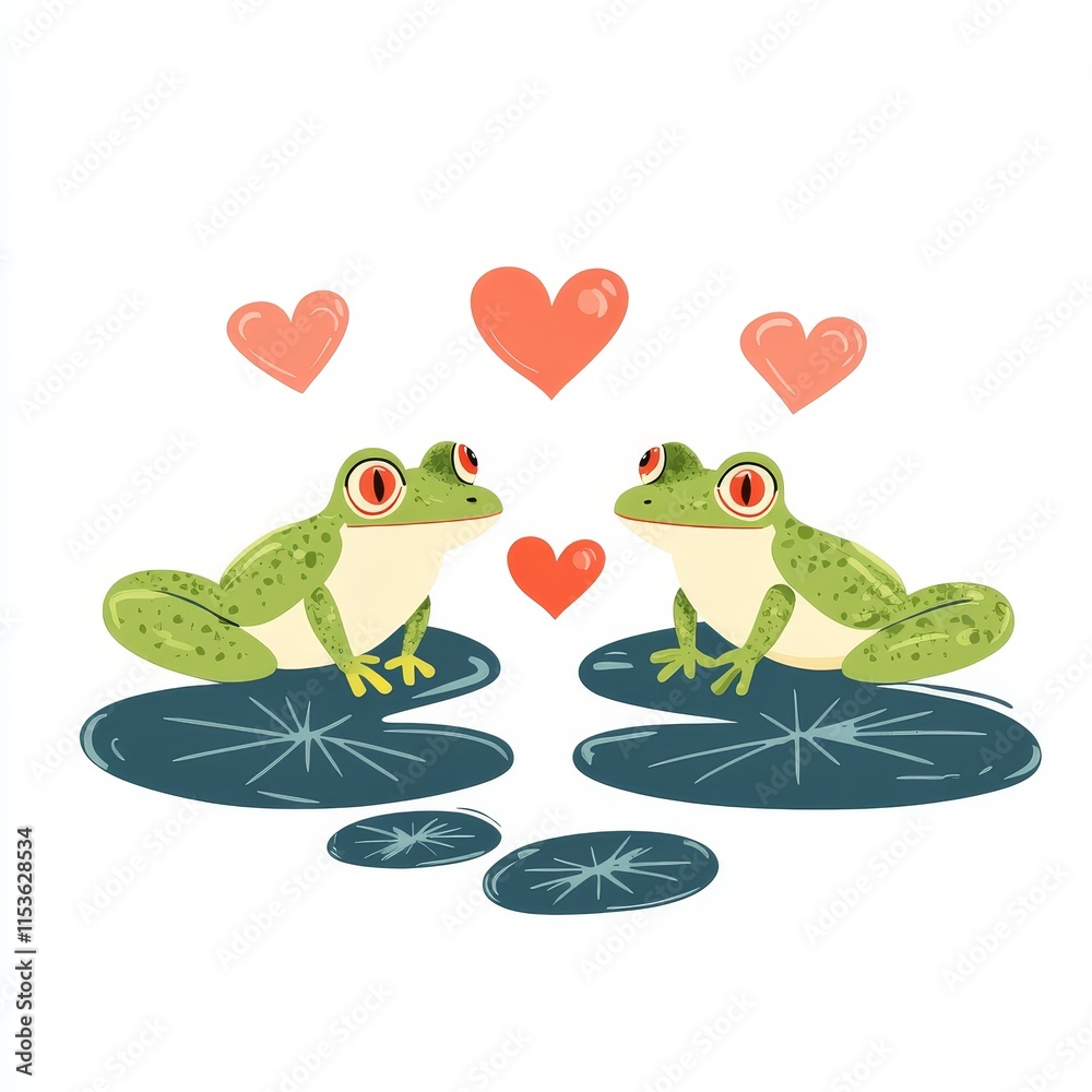 Fototapeta premium Cute Frogs Sitting on Lily Pads with Hearts in a Playful Scene