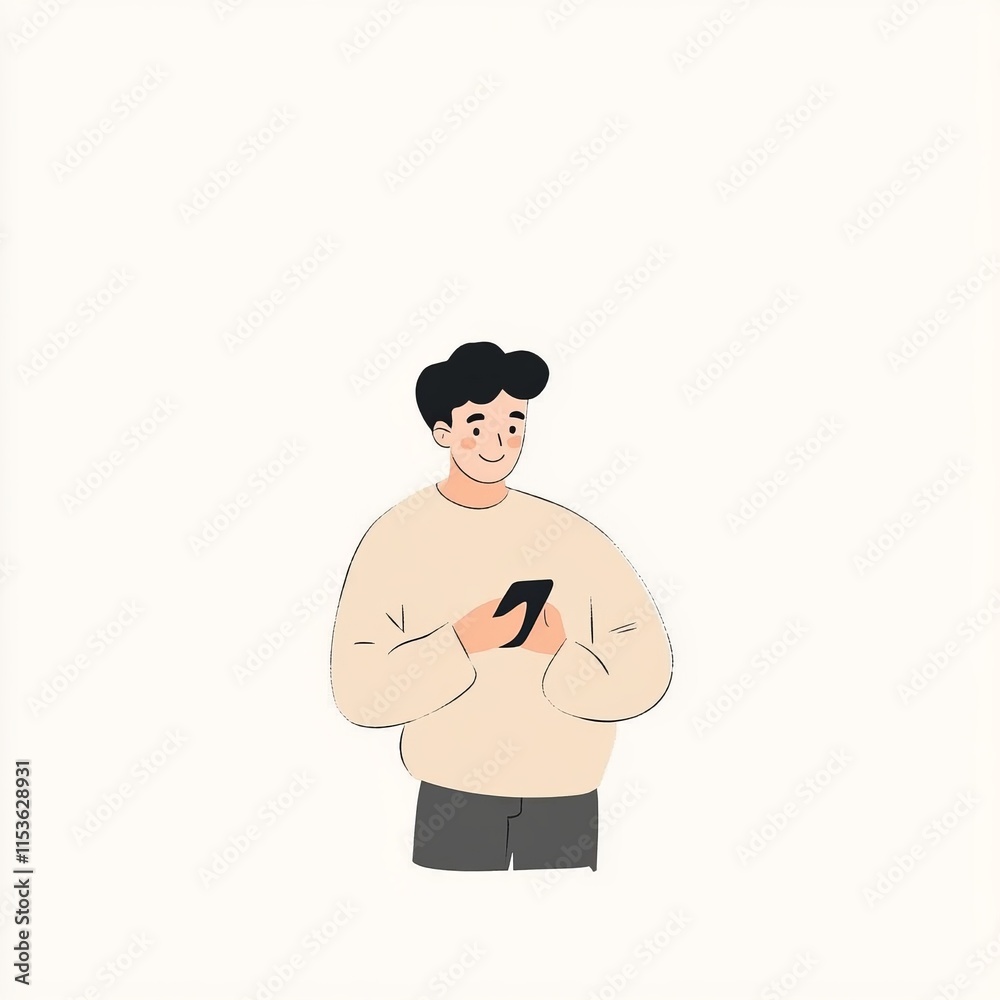 A Contemporary Man Engaging with Mobile Technology; A Simple Illustration of Modern Lifestyle and Communication; Person Using Phone in a Casual Setting A Contemporary Man Engaging with Mobile Technology; A Simple Illustration of Modern Lifestyle and Communication; Person Using Phone in a Casual Setting