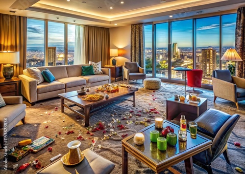 Trashed Vegas Hotel Suite: Wide Cinematic Shot of a Lavish Modern Living Room After a Party