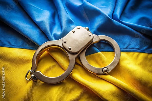 Ukraine Conflict: Handcuffs on National Flag, Symbol of Justice and Law photo