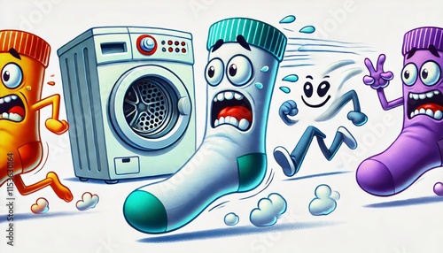 A humorous cartoon of a single sock with a terrified facial expression running away frantically with exaggerated, flexible legs. photo