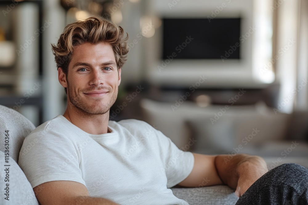 Smiling Man Relaxing on a Couch in a Modern Living Room - A Portrait of Comfort and Contentment Smiling Man Relaxing on a Couch in a Modern Living Room - A Portrait of Comfort and Contentment