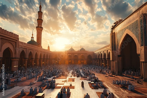 A Mosque Courtyard Filled with Worshippers During Ramadan Isolated on Transparent. PNG. photo