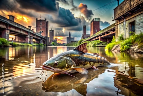 Urban Decay River Scene:  Siriped Catfish Lurking, Abandoned Industrial Setting photo