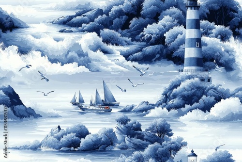 hyper realistic photo of  blue toile seamless pattern lighthouse boats seagulls light background detailed high resolution quality nautical coastal summer