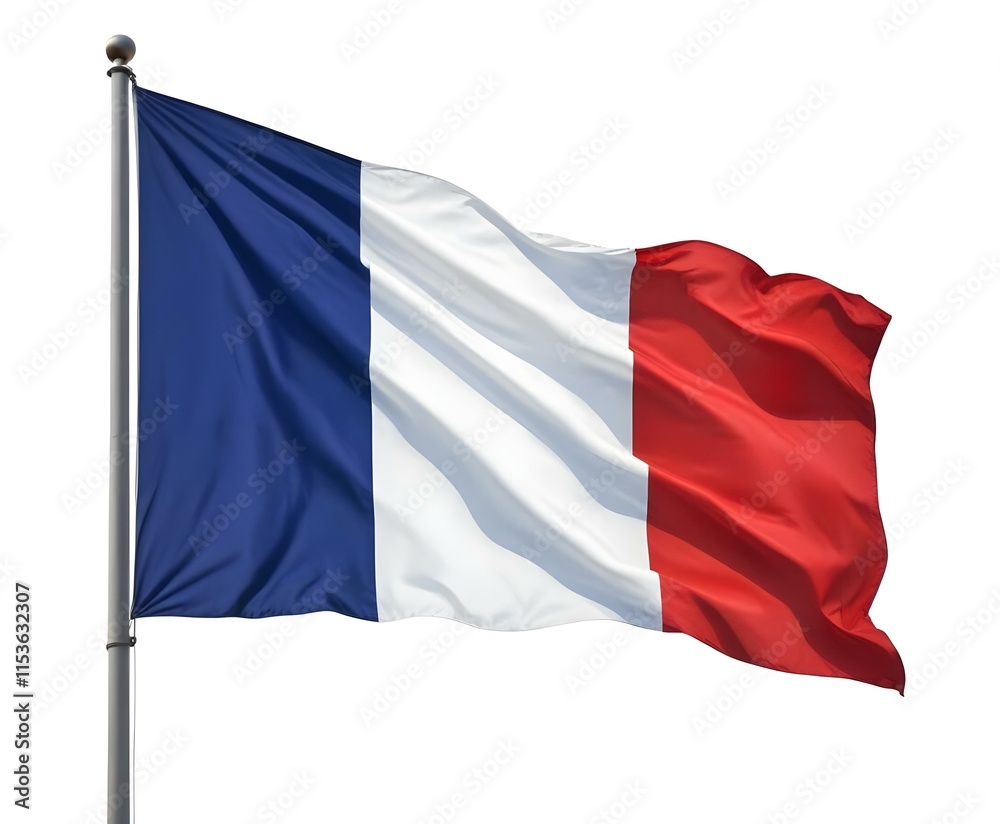A waving French national flag with its iconic blue, white, and red tricolor design A waving French national flag with its iconic blue, white, and red tricolor design