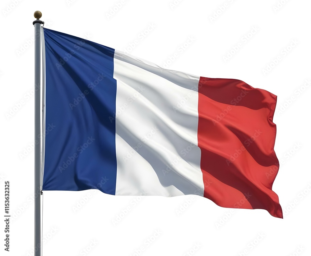 A waving French national flag with its iconic blue, white, and red tricolor design A waving French national flag with its iconic blue, white, and red tricolor design