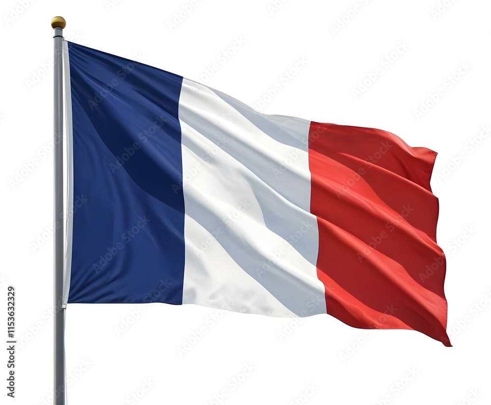 A waving French national flag with its iconic blue, white, and red tricolor design A waving French national flag with its iconic blue, white, and red tricolor design