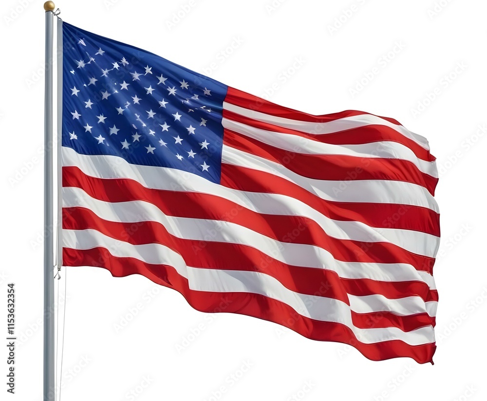 Fototapeta premium A large American flag waving in the wind, with its iconic red and white stripes and 50 white stars on a blue background