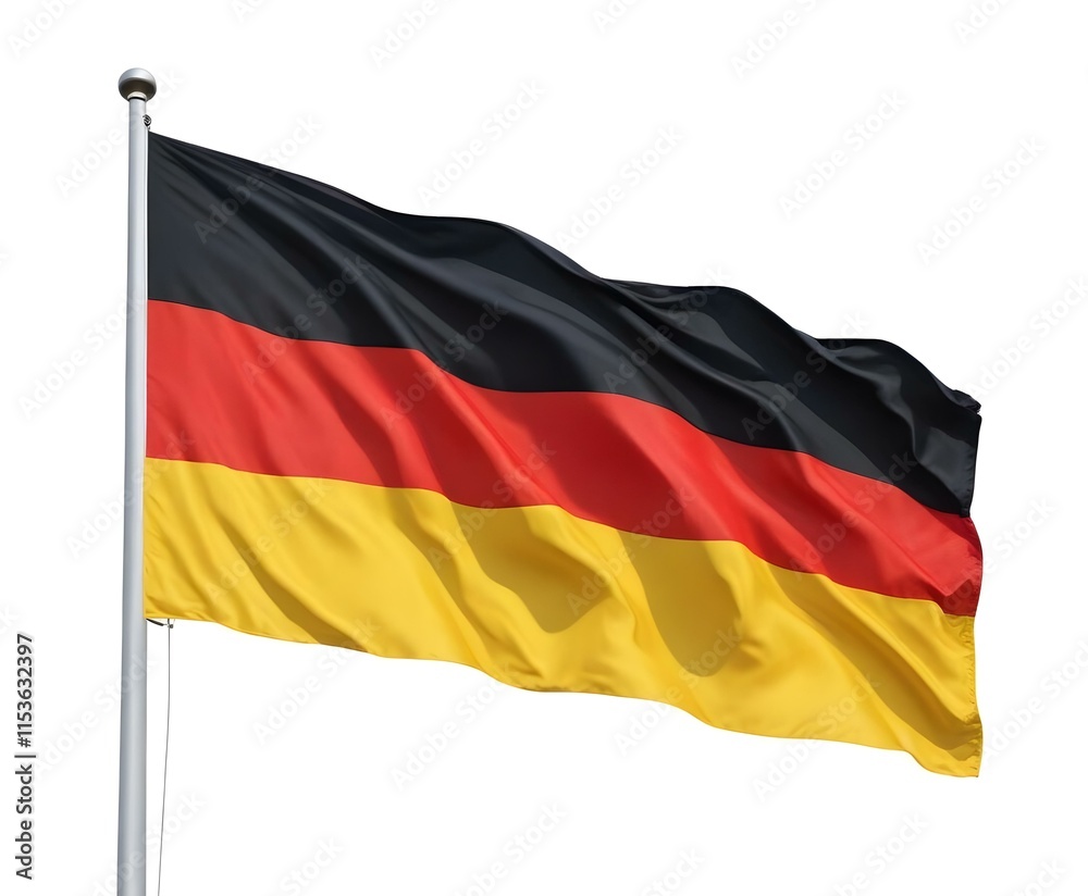 A German flag waving in the wind, with the traditional black, red, and gold colors A German flag waving in the wind, with the traditional black, red, and gold colors