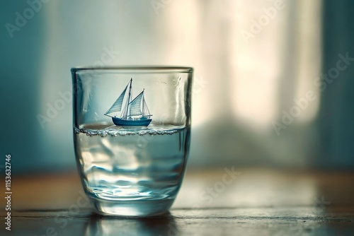 A glass of water with a miniature ship sailing inside symbolizing exploration within boundaries. photo