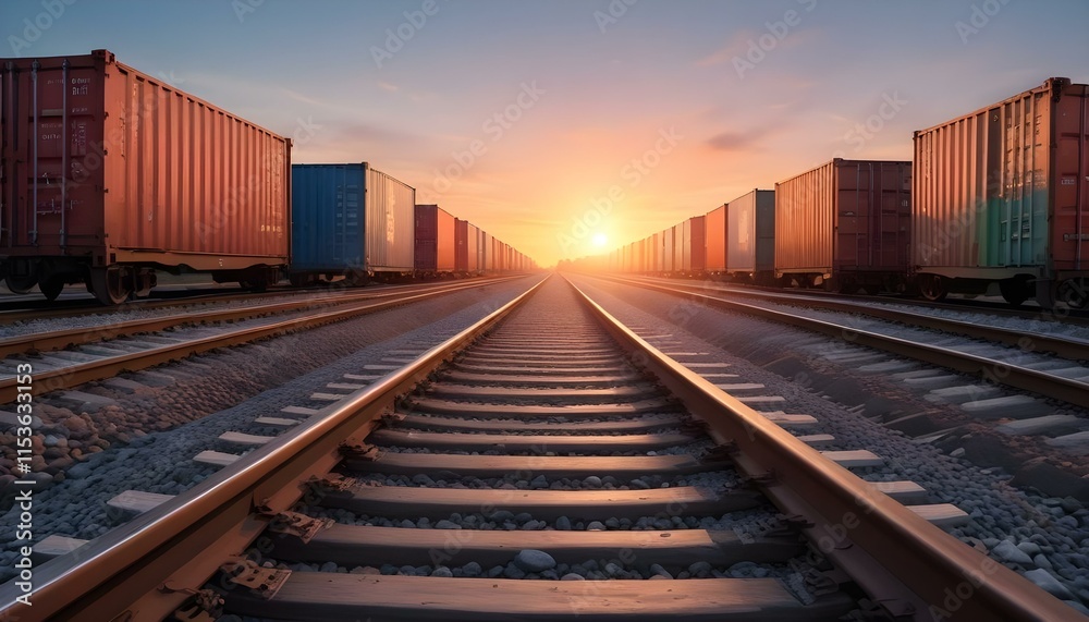 Fototapeta premium Train tracks leading towards a colorful sunset with cargo containers on both sides