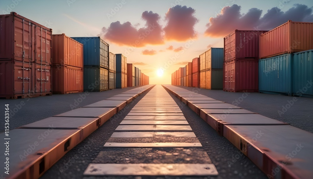 Fototapeta premium Path leading towards a colorful sunset with cargo containers on both sides