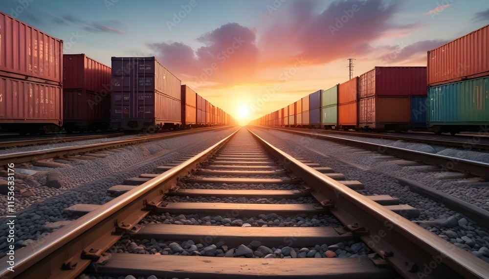 Fototapeta premium Train tracks leading towards a colorful sunset with cargo containers on both sides