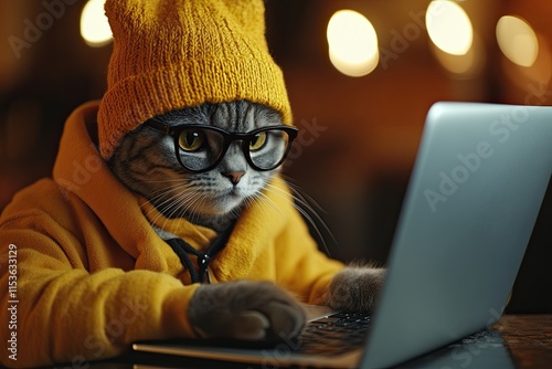 Fototapeta Naklejka Na Ścianę i Meble -  cat. happy. in hipster clothes with a laptop, concept of casual clothes and portrait of an animal behind a laptop. unusual light. bokeh plain background. place for text.