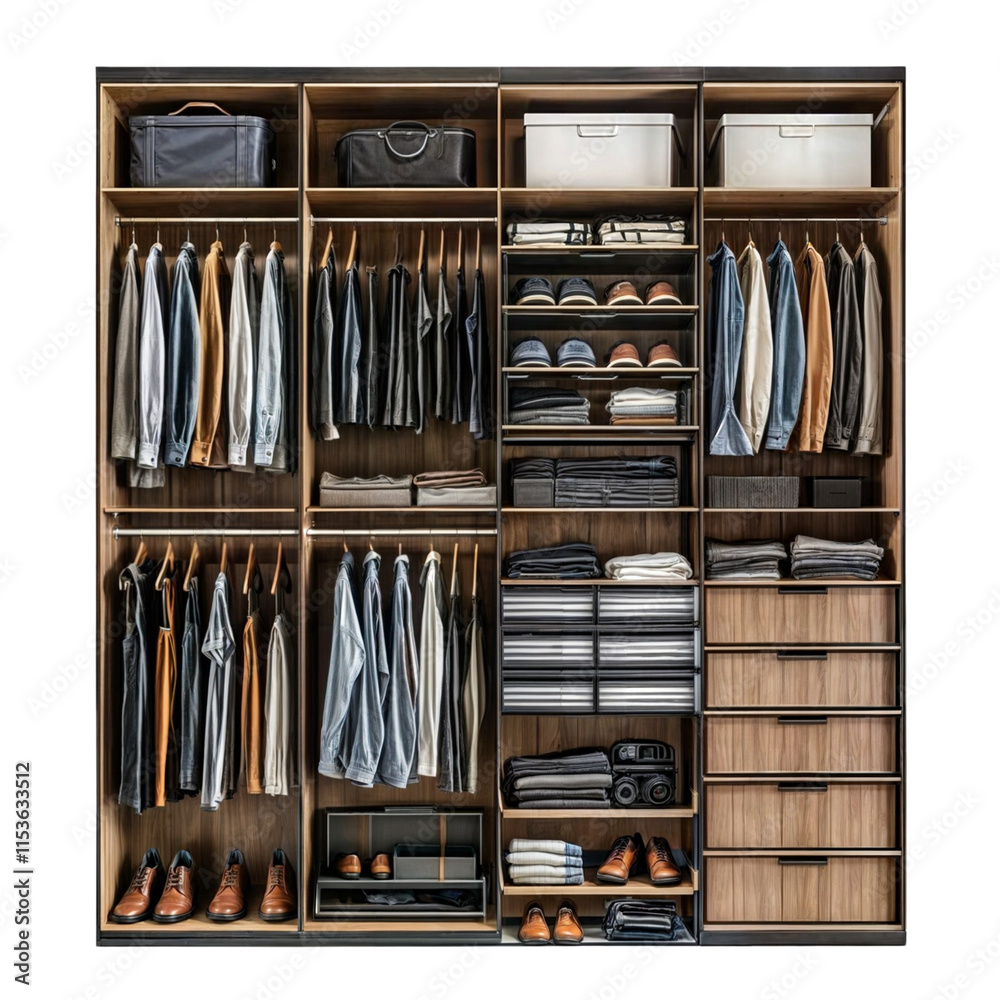 Organized Modern Walk-in Closet with Wood Accents Organized Modern Walk-in Closet with Wood Accents