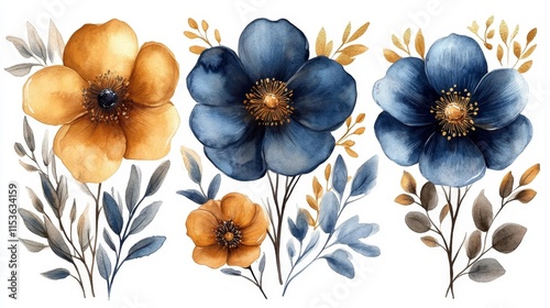 Navy Blue and Gold Floral Watercolor Illustration Set. Generative AI photo
