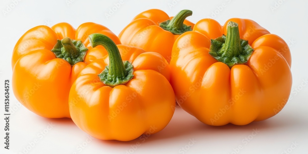 Orange bell pepper displayed in isolation against a white background, showcasing the vibrant color and fresh appearance of the orange bell pepper for culinary or health related themes. Orange bell pepper displayed in isolation against a white background, showcasing the vibrant color and fresh appearance of the orange bell pepper for culinary or health related themes.