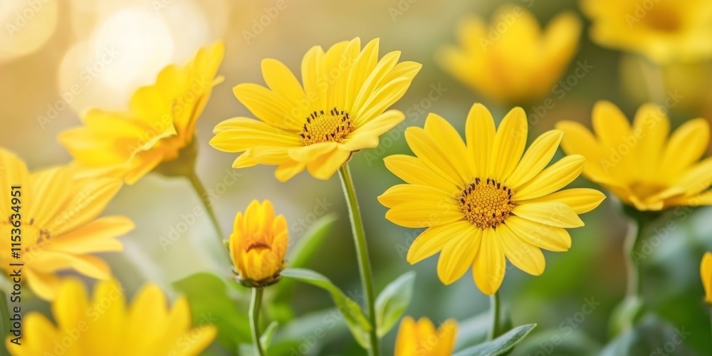 Obraz premium Vibrant yellow summer flowers are in full bloom, creating a stunning display of nature s beauty. Enjoy the sight of these yellow summer flowers, perfect for your seasonal inspirations.