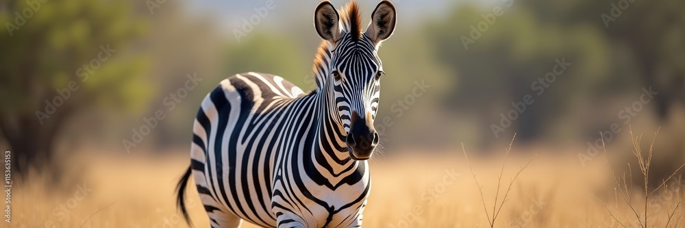 Naklejka premium A Striking Zebra Portrait in a Golden Savannah Landscape with the animal looking directly at the viewer creating an immersive experience