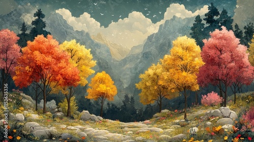 Autumn forest with colorful foliage and mountain scenery. Generative AI photo