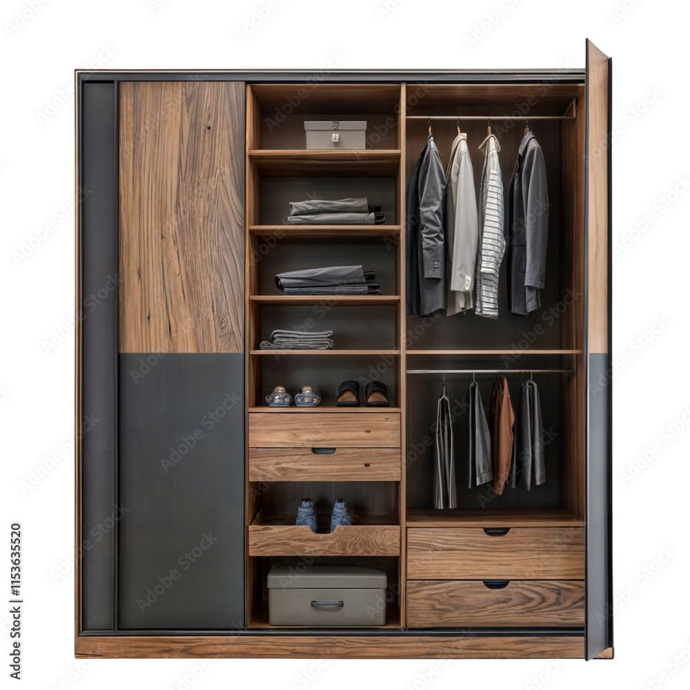 Modern Sliding Door Wardrobe with Wooden and Metal Accents: This sleek and stylish wardrobe features sliding doors with a wood-grain finish and a black metal accent. Modern Sliding Door Wardrobe with Wooden and Metal Accents: This sleek and stylish wardrobe features sliding doors with a wood-grain finish and a black metal accent.