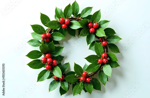 A handcrafted Christmas wreath featuring natural greenery and bold red berries designed for modern holiday settings. Selective focus. Suitable for lifestyle photography and decor advertising photo