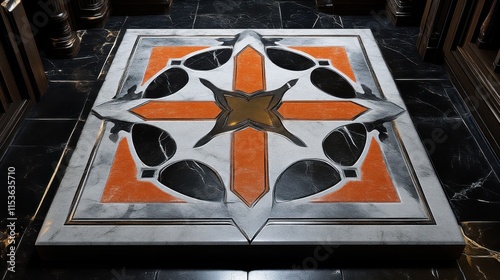 Intricate orange and white marble floor inlay.