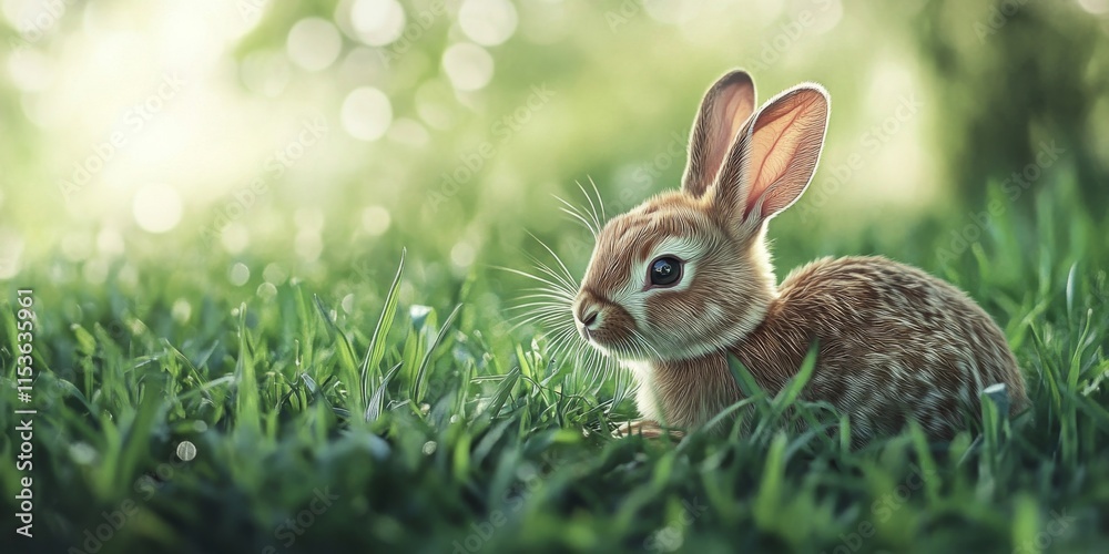 Fototapeta premium Close up of a rabbit resting on lush green grass, showcasing the rabbit s features in detail against a softly blurred background, highlighting the serene environment of the rabbit.