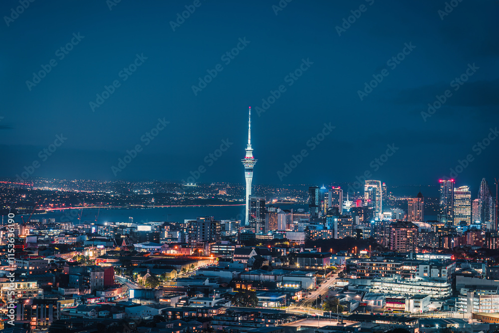 Fototapeta premium Sky tower with blue sky and business building during the dusk in central of Auckland