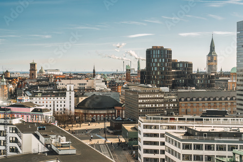 Photography Copenhagen city with business building, clock tower, church, castle on sunny day