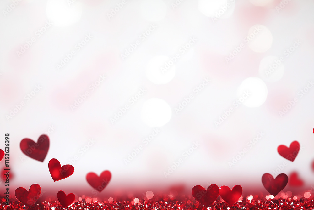 A Valentine's Day background with small glitter red hearts scattered across the bottom, set against a soft white bokeh light background. A Valentine's Day background with small glitter red hearts scattered across the bottom, set against a soft white bokeh light background.