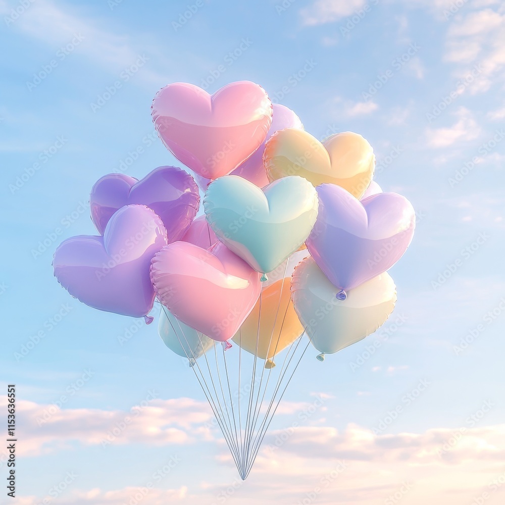 Fototapeta premium Colorful Heart-Shaped Balloons Floating in a Blue Sky