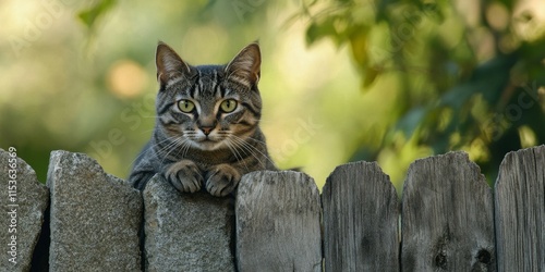 Gray cat with black stripes perched on a stone fence, intently observing its surroundings as it searches for prey, showcasing the keen hunting instincts of the gray cat with black stripes. photo