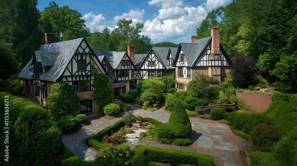 Charming Tudor-style estate in Asheville North Carolina with half-timbered facades and lush gardens Charming Tudor-style estate in Asheville North Carolina with half-timbered facades and lush gardens