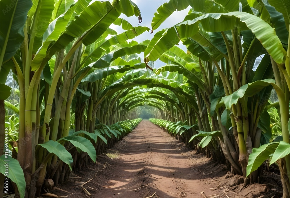 A lush green banana plantation with rows of banana trees and large leaves creating a tunnel-like path through the plantation A lush green banana plantation with rows of banana trees and large leaves creating a tunnel-like path through the plantation