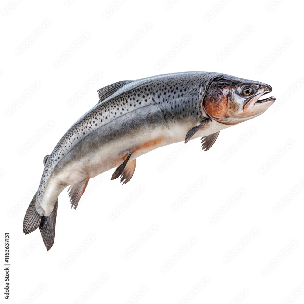 Obraz premium Leaping Rainbow Trout: A vibrant, detailed close-up of a leaping rainbow trout, showcasing its silvery scales, vibrant colors, and powerful form. Perfect for culinary, nature.