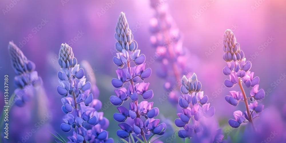 Obraz premium Violet lupin wildflowers create a stunning flowerscape in the meadow. These purple mauve lupine flowers bring beauty to the field, showcasing lilac lupinus blooms in a vibrant springtime scene.