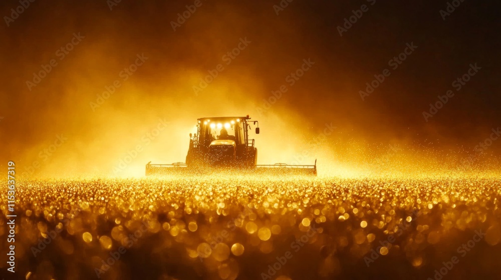 Fototapeta premium Golden Fields at Dusk with Harvesting Equipment