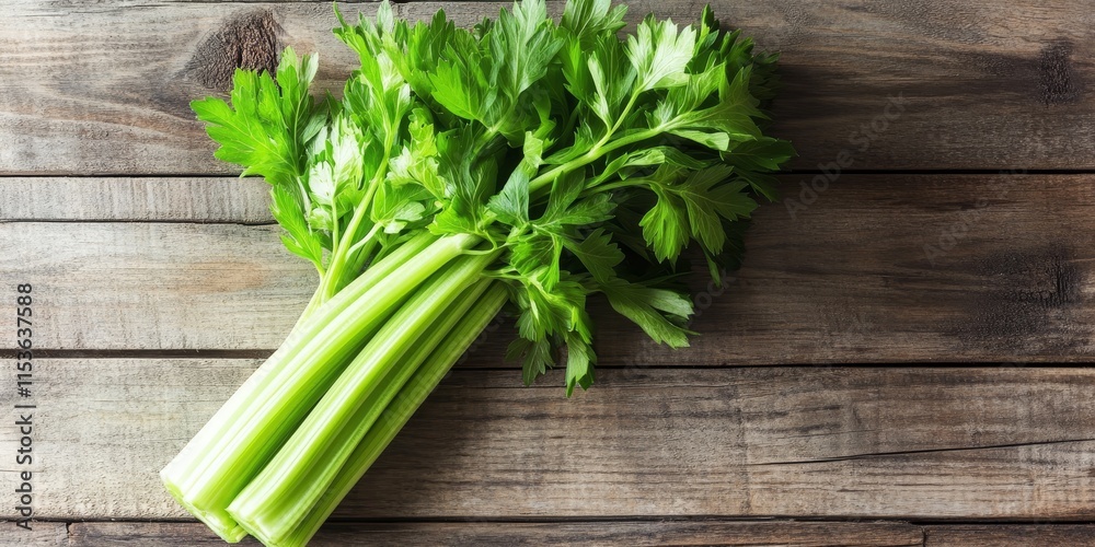 A fresh bunch of green celery rests on a wooden table, perfect as an ingredient for cooking soups, salads, and various delicious dishes. Celery enhances flavors in the kitchen. A fresh bunch of green celery rests on a wooden table, perfect as an ingredient for cooking soups, salads, and various delicious dishes. Celery enhances flavors in the kitchen.