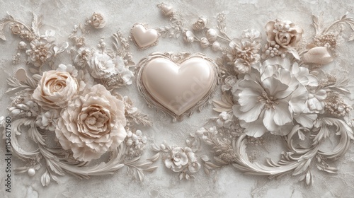 Elegant 3D floral heart design with roses and carvings.