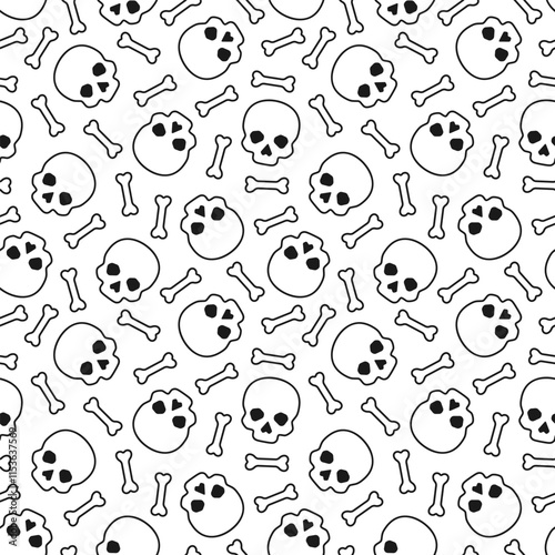 White skulls and bones with black outline on white background. Vector seamless pattern. Best for textile, print, wrapping paper, package and Halloween decoration.