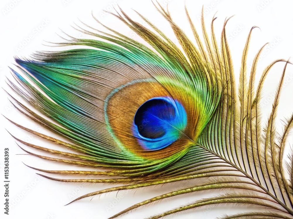Fototapeta premium Vibrant Peacock Feather Isolated, Close-up Macro Shot, Blue Green Jewel Tones, Detailed Texture, Exotic Bird Plumage