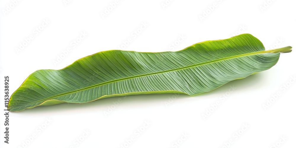Fototapeta premium Isolated banana leaf displayed against a white background, highlighting the vibrant green of the banana leaf. Ideal for nature themed designs featuring the unique texture of the banana leaf.